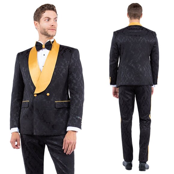 Skinny Fit Black/Gold Satin Shawl Collar Paisley 2pc Suit Includes Bowtie - Picture 1 of 7